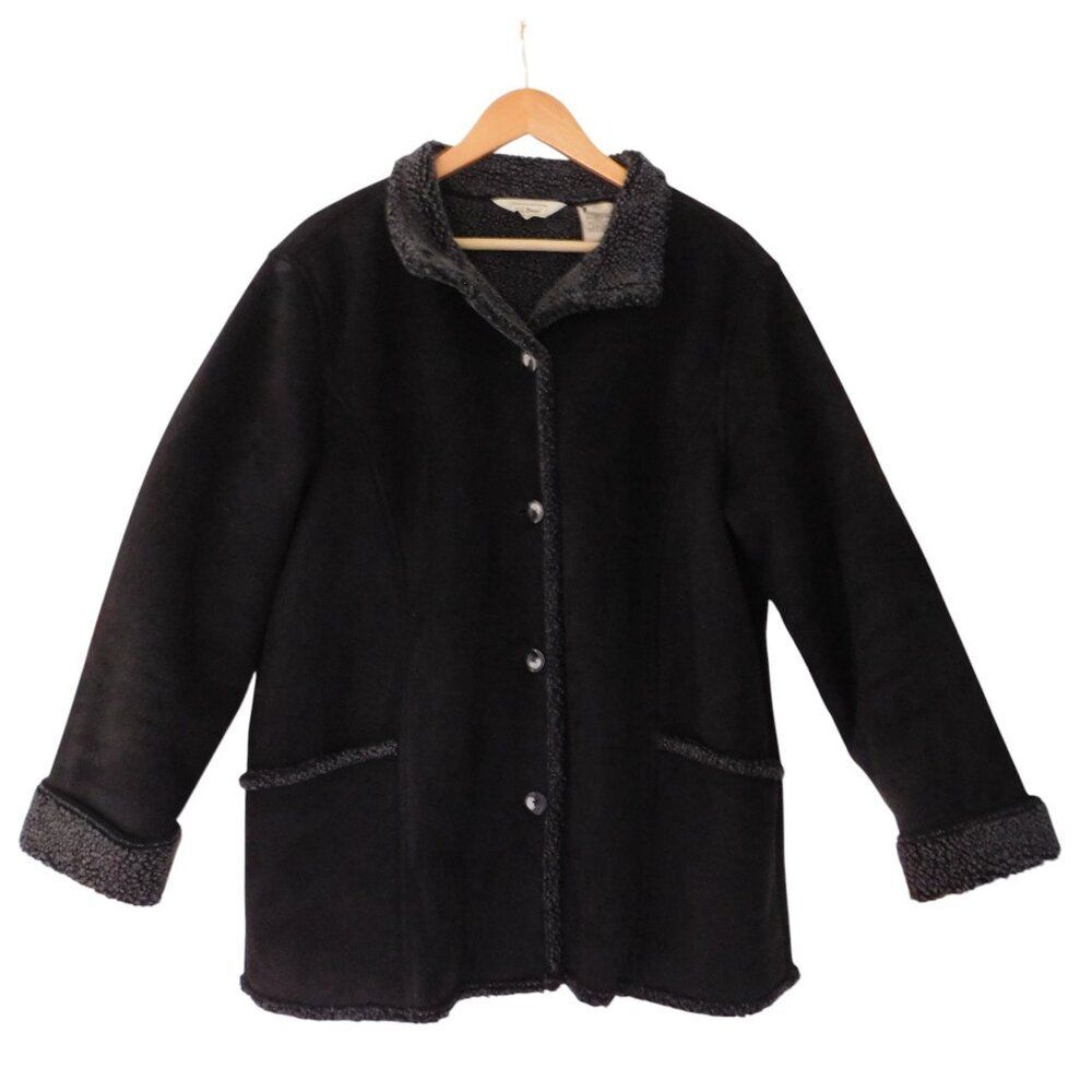 LL Bean Sherpa Lined‎ Faux Suede Shearling Jacket Black Buttons Petite size XL